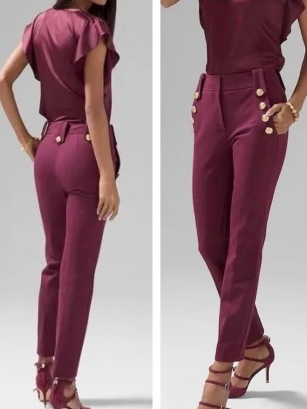 WHBM NWT Jolie Military Button Straight Luxe Stretch Pant Plum Purple 4